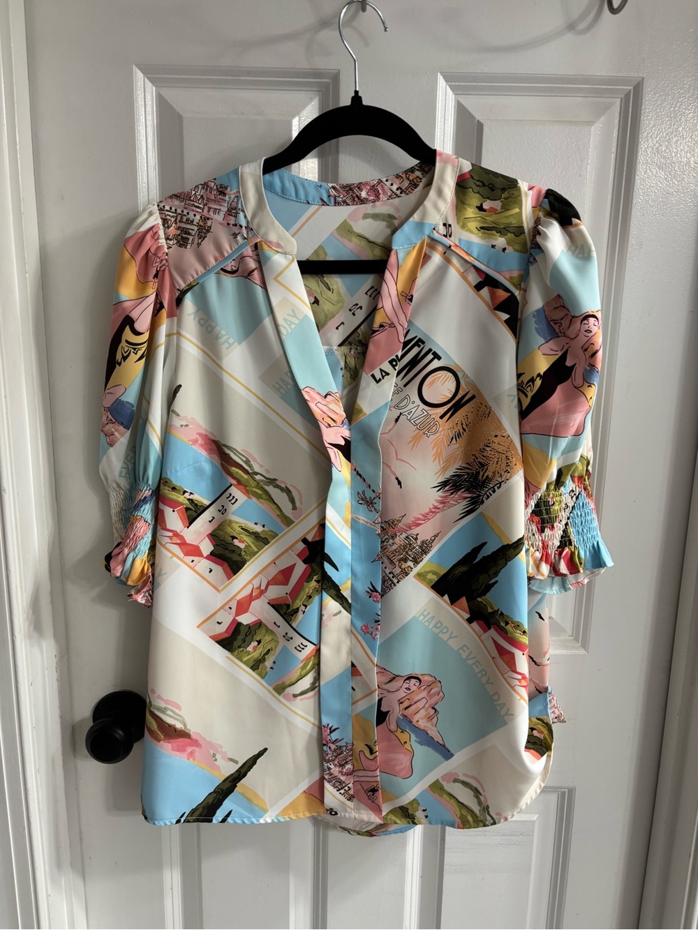 zeagoo Pastel Scenic Print Puff-Sleeve Blouse - Multi